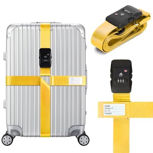 Luggage Straps TSA Approved with Combination Lock, Adjustable Suitcase Belts for 20"-32" Luggage, with Name ID Card for Identify, Travel Airport Accessories for Checked Bags (Cross Yellow) - color: Cross Yellow