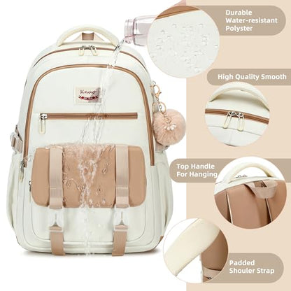 School Backpack for Teen Girls College Backpacks for Women Students Bookbag Large 15.6 Inch Laptop Bags Kids Kindergarten Elementary Middle School Bag Anti Theft Daypack Travel Back Pack Beige - color: Off-white
