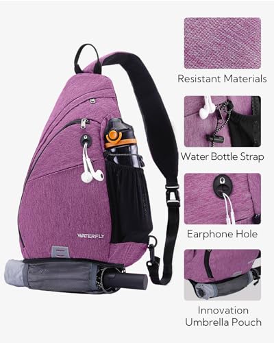 WATERFLY Sling Bag Crossbody Backpack: Over Shoulder Daypack Casual Cross Chest Side Pack - color: Purple 1