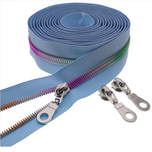 #5 Colorful Metallic Nylon Coil Zipper by Yard,Blue Zipper Tape Bulk 10 Yards with 25pcs Silver Pull for DIY Sewing Craft Bag YIGUANXIN - color: Blue-Colorful