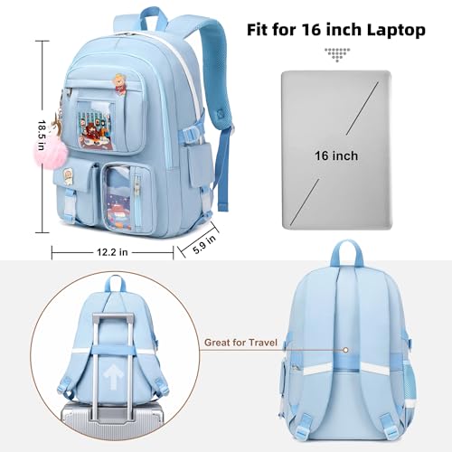 Backpack for Girls with Accessories Laptop Bookbags 16 Inch Kawaii Kids Elementary Middle High School Bag College Travel Daypack Gifts for Teens Women Students (Blue) - color: Blue
