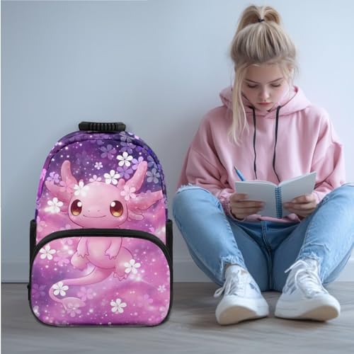 JEOCODY Axolotl Girls School Bag with Lunch Bag Pencil Case and Water Bottle Holder 4 PCS Backpack Accessories School Daypack Travel Bag Satchel Bagpack - color: Cherry Blossom Axolotl Printed