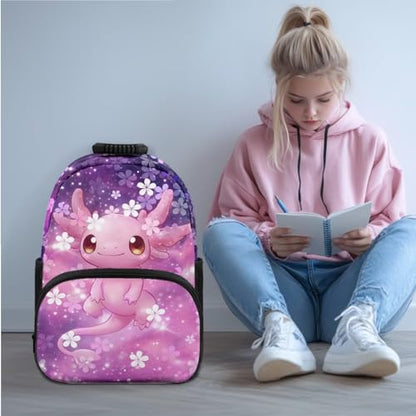 JEOCODY Axolotl Girls School Bag with Lunch Bag Pencil Case and Water Bottle Holder 4 PCS Backpack Accessories School Daypack Travel Bag Satchel Bagpack - color: Cherry Blossom Axolotl Printed