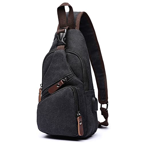 Canvas Sling Bag Crossbody Backpack Shoulder Casual Rucksack for Men Women Outdoor Cycling Hiking Travel Fishing Black - color: Black