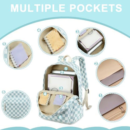 Bluboon School Backpack Set Girls Womens Laptop Bookbag Casual Daypack Fits 15 inch Laptop with Lunch Tote Bag and Pencil Bag - color: Blue Checked