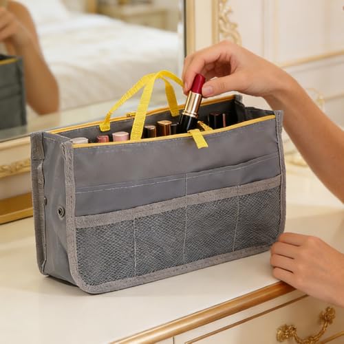 1 Piece Purse Organizer Insert, Foldable Bag in Bag Organizer, Multi-Pocket Tote Organizer, with Handheld Design, for Digital Accessories, Cosmetics (Gray) - color: Gray