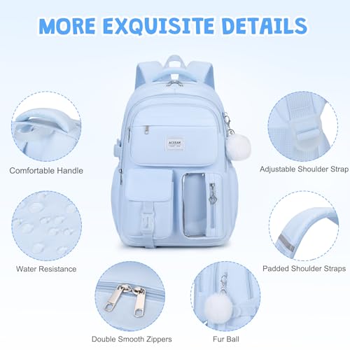 ACESAK Backpack for Girls - Girls Backpack with Lunch Bag & Pencil Pouch for Teen Kids Laptop Backpack for Women, Elementary Middle High School Bookbag Travel Daypack (Blue) - color: Blue