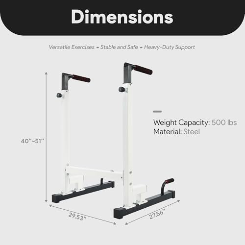 BalanceFrom Steel Frame Dip Station with Adjustable Height, 500 Pound Weight Capacity – Upper Body Workout Home Gym Equipment for Triceps, Push & Pull Ups, Leg Raises, and Bench Press - color: White