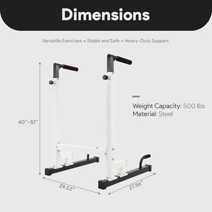 BalanceFrom Steel Frame Dip Station with Adjustable Height, 500 Pound Weight Capacity – Upper Body Workout Home Gym Equipment for Triceps, Push & Pull Ups, Leg Raises, and Bench Press - color: White