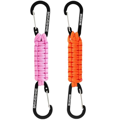 BRAVESHINE Paracord Keychain Carabiner Clip, D Ring Lanyard Hanger Stroller Hook for Water Bottle, Key, Backpacks, Men, Women - color: 1 Pink 1 Orange