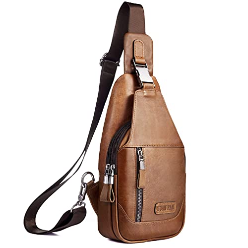 Hebetag Leather Sling Bag Hiking Daypack for Men Women Outdoor Travel Camping Fishing Crossbody Shoulder Chest Pack Daypack Small Brown - color: #05brown