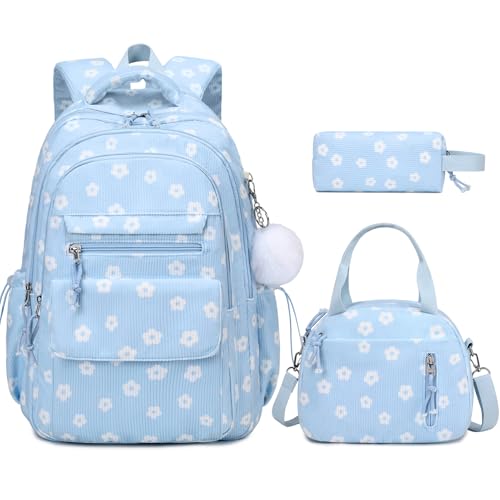 Bevalsa Backpack for Girls, 3PCS Corduroy Kids Backpack Set with Lunch Box & Pencil Pouch, Bookbag Daypack Laptop Bag for Women Teens Elementary Middle High School - color: Blue Flower