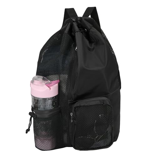 Mesh Backpack,Mesh Swim Drawstring Backpacks with Wet/Dry for Beach,Swimming,Gym,Pool,Workout Gear and Sports, Black