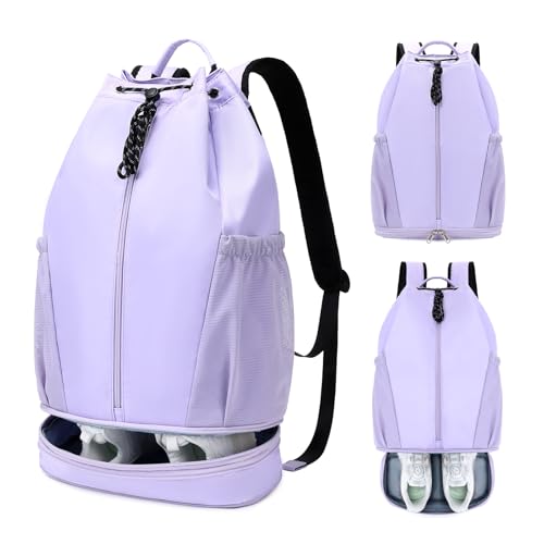 mygreen Gym Drawstring Backpack with Shoe Compartment – Waterproof Sports Bag, Lightweight & Breathable for Gym, Travel, Yoga | Large Capacity, Foldable Design Purple - color: Purple