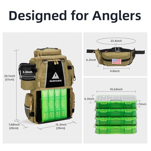 Ghosthorn Fishing Tackle Backpack with 4 3600 Tackle Boxes Rod Holder Outdoor 43L Large Bag with Detachable Wasit Bag Storage Fishing Gear and Equipment Waterproof - color: With 3600*4 Khaki (43l)