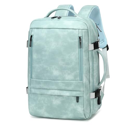 Travel Backpack for Women, PU Leather Carry On Backpack Flight Approved with Laptop Compartment, 40L Expandable Personal Item Travel Bag for Traveling Weekender Business (Light Blue) - color: Light Blue