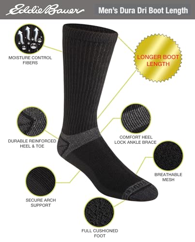 Eddie Bauer Men's Dura Dri Moisture Control Crew Socks (6 & 12 Packs) - color: Boot Length Black (6 Pairs)