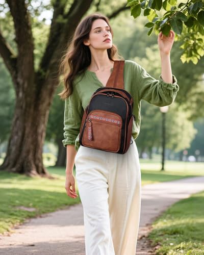 FADEON Large Sling Bag for Women, Designer Leather Crossbody Purse Convertible Sling Backpack, Anti Theft Daypack for Travel - color: Retro Black With Brown