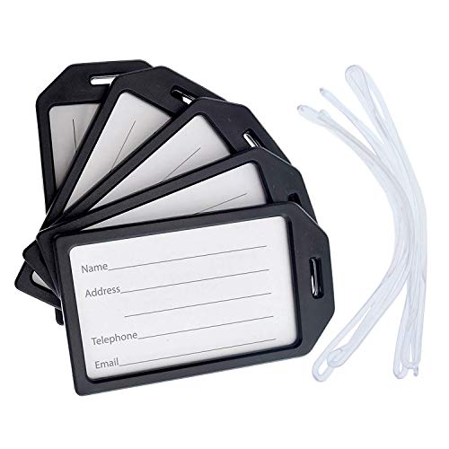 5 Pack - Premium Rigid Airline Luggage Tag Holders with 6" Worm Loops - Heavy Duty Hard Plastic -Suitcase ID Tag Identifiers with Business Card Insert Window by Specialist ID (Black) - color: Black, size: 5 Pack