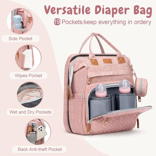 JOYCE Diaper Bag Backpack with Changing Pad, Water-Resistant, Pink | Portable changinag pad, insulated bottle pockets, stroller straps, pacifier case, Multi-Compartment storage - color: Pink