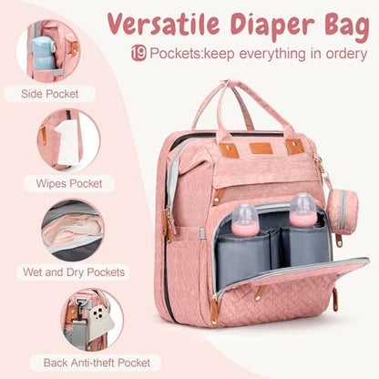 JOYCE Diaper Bag Backpack with Changing Pad, Water-Resistant, Pink | Portable changinag pad, insulated bottle pockets, stroller straps, pacifier case, Multi-Compartment storage - color: Pink