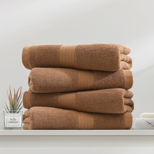 100% Cotton Hand Towel Set of 4, Oversized Ultra Soft Luxury Towels, Thick Plush, Absorbent Heavyweight, Guest Bath, Hotel, Spa, Home Bathroom, Shower,20" x 40" (Brown) - color: Tan
