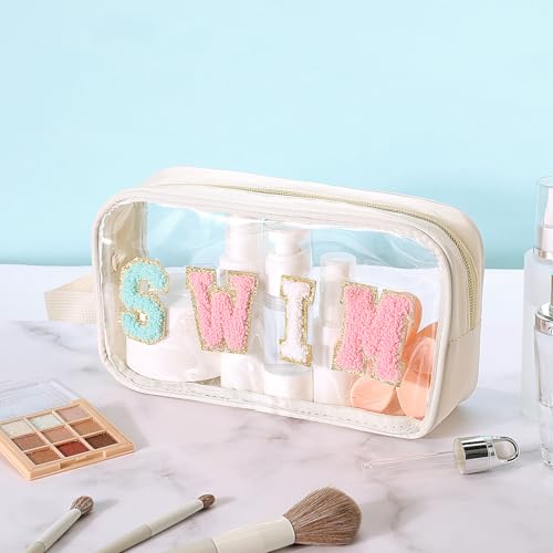 Kacctyen Letter Clear Makeup Bags Swim Pouch Cute Preppy Patch Clear Travel Bag with Zipper Small Chenille Nylon Cosmetics Waterproof Sandproof Bags Toiletry Storage Snack Sunscreen Pouch for Women - color: White, style: Swim