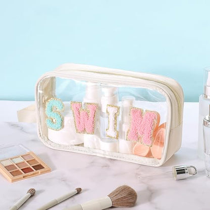Kacctyen Letter Clear Makeup Bags Swim Pouch Cute Preppy Patch Clear Travel Bag with Zipper Small Chenille Nylon Cosmetics Waterproof Sandproof Bags Toiletry Storage Snack Sunscreen Pouch for Women - color: White, style: Swim