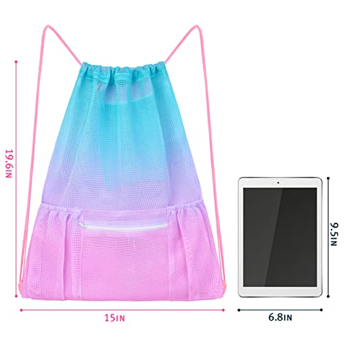 Fiodrimy Mesh Drawstring Backpack Bag Beach Bag with Zipper Pocket Gym Backpack Bag for Swimming Gear Gym Storage Bag for Adult Kids (Pink) - color: Pink