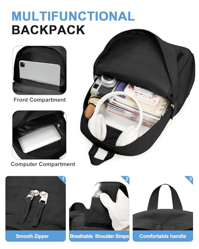 VGCUB Black School Backpacks Travel Book Bag Waterproof Work Light Aesthetic College Backpack for School Girls Boys Teens Mochilas Escolares Para Niñas Casual Daypack for Women Men