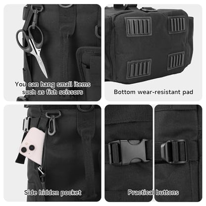 KOMCLUB Fishing Bag Black Fishing Sling Tackle Storage Backpack Outdoor Large Fishing Bag with Waterproof Rain Cover Fishing Gifts for Men - color: Black