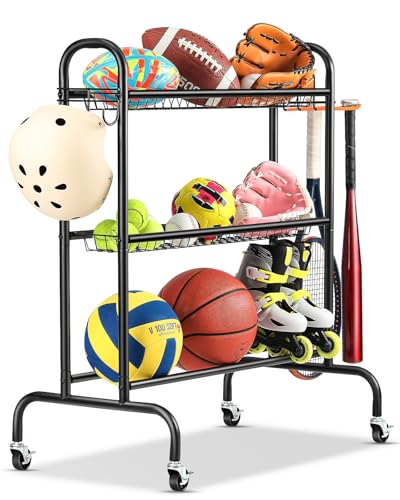 EXTCCT Basketball Rack, Rolling Basketball Shooting Training Stand,Sports Equipment Storage with Wheels, Four-Layer Organizer Holder with Two Basket for Basketballs Footballs Volleyball - color: Small Black