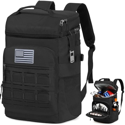 Tactical Cooler Backpack for Men, Double Deck Insulated Cooler Bag 40 Cans, Soft Lunch Backpack with 16H Ice Retention Waterproof Leakproof Picnic Backpack for Work Beach Camping BBQ Hiking - color: Black