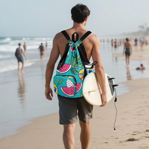 Drawstring Sport Gym Sackpack With Water Bottle Pocket Mens Drawstring Bags with Wet Dry Compartments Summer Watermelon Fruits Green