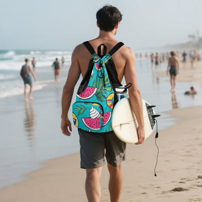 Drawstring Sport Gym Sackpack With Water Bottle Pocket Mens Drawstring Bags with Wet Dry Compartments Summer Watermelon Fruits Green