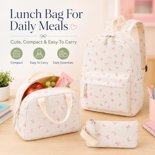 Bluboon School Backpack Set Girls Womens Laptop Bookbag Casual Daypack Fits 15 inch Laptop with Lunch Tote Bag and Pencil Bag - color: Pink Bow Polka Dot Beige