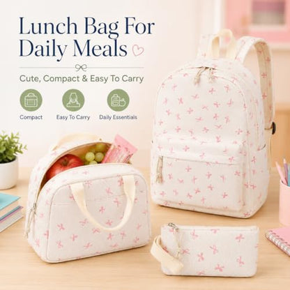 Bluboon School Backpack Set Girls Womens Laptop Bookbag Casual Daypack Fits 15 inch Laptop with Lunch Tote Bag and Pencil Bag - color: Pink Bow Polka Dot Beige