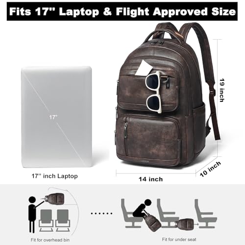 LATMAP Vegan Leather Backpack 17In Laptop Backpack for Women Travel Coffee | large capacity, laptop compartment, water-resistant, easy to wipe clean, TSA-friendly, with luggage strap & pickpocket-proof - color: Coffee Color