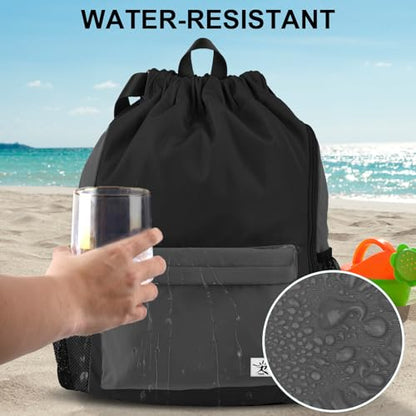 Drawstring Backpack with Mesh Pockets String Gym Bag Sackpack Sandproof Water Resistant Beach Backpack for Men Women - color: Black Gray
