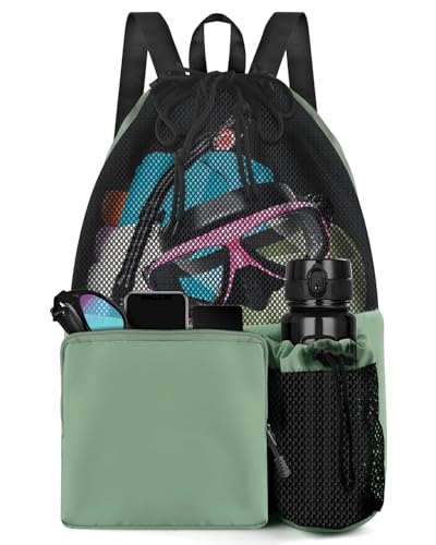 BROTOU Swim Bag Beach Backpack with Wet Pocket Mesh Drawstring Bags for Swimming, Gym - color: Light Green