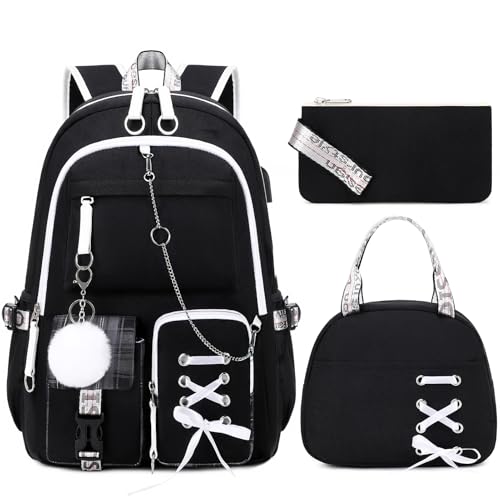 ACESAK Backpacks for Girls, Girls Backpack with Lunch Box and Pencil Case for Teen Kids Elementary Middle High School College Student, Children Backpack Bookbag with USB Charging Port (Black Plaid) - color: Black Plaid With Chain