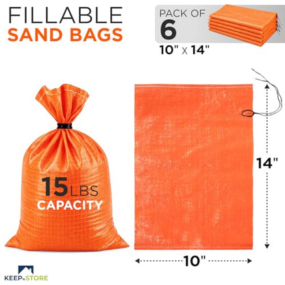Heavy Duty Sand Bags Pack of 6, Bright Orange Empty Sandbags with Built-In Ties, Woven Polypropylene UV Protection 1600 Hours, Fillable Bags for Flood Control, Weight, 10x14 inches, 15 Pounds Volume - size: 10"W x 14"L, style: Pack of 6