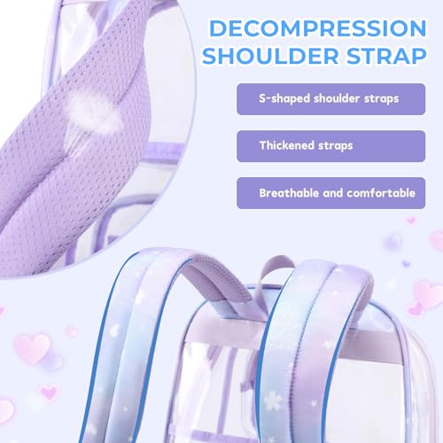 Sisipoet Clear Backpack for Girls with Cherry Blossom Print, Heavy Duty Transparent Bookbag for School, Stadium, and Concert, Purple - color: Purple