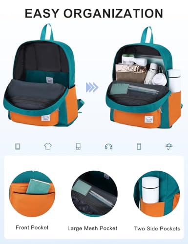 VASCHY Lightweight Backpack for School, Water Resistant Classic Bookbag with Side Pockets for Boys,Girls Kids,Teens Lake Green Tangerine - color: Lake Green & Tangerine