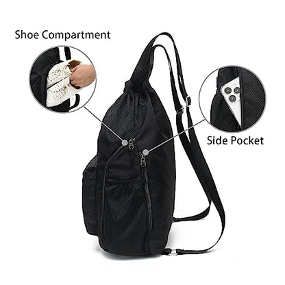 FUXINGYAO Drawstring Backpack Sports Gym Bag with Shoes Compartment, String Backpack Cinch for Women Men (Black) - color: Black