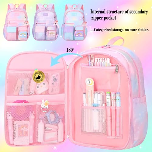 Jcobvig Rainbow Backpack For Girls Kids,Cute Student School Backpack With Pen Bag,Aesthetic Starry Rainbow Laptop Travel Bag - color: Pink, size: Large