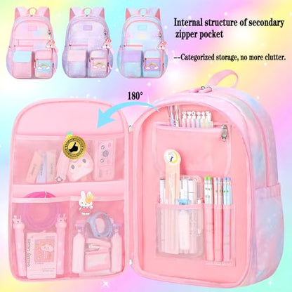 Jcobvig Rainbow Backpack For Girls Kids,Cute Student School Backpack With Pen Bag,Aesthetic Starry Rainbow Laptop Travel Bag - color: Pink, size: Medium