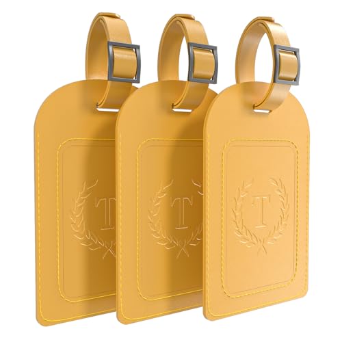 Alphabet Luggage Tags, 3 Pack Yellow Initial Bag Tags with Privacy Cover & Replaceable ID Card, Faux Leather Suitcase Tags for Travel, Flights & Cruises - style: Letter T