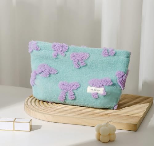 getgto 2 Pcs Makeup Bags, Large Cosmetic Bag Travel Toiletry Bag Organizer for Women, Plush Makeup Bag Small Cosmetic Pouch Purse with Zipper Gifts for Girls Teen - color: Girly green