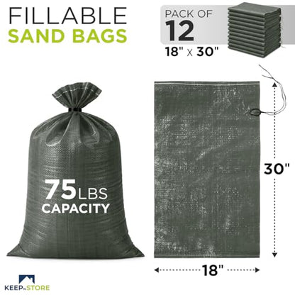 Heavy Duty Sand Bags Pack of 12, Army Green Empty Sandbags with Built-In Ties, Woven Polypropylene UV Protection 1600 Hours, Fillable Bags for Flood Control, Weight, 18x30 inches, 75 Pounds Volume - size: 18"W x 30"L, style: Pack of 12